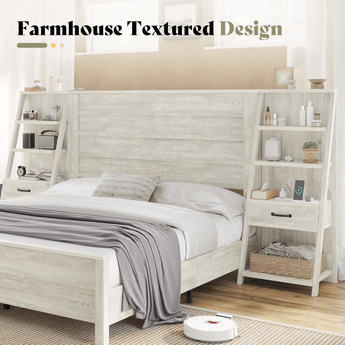 Tier Bed Frame with Bookshelves - QUEEN/WHITE