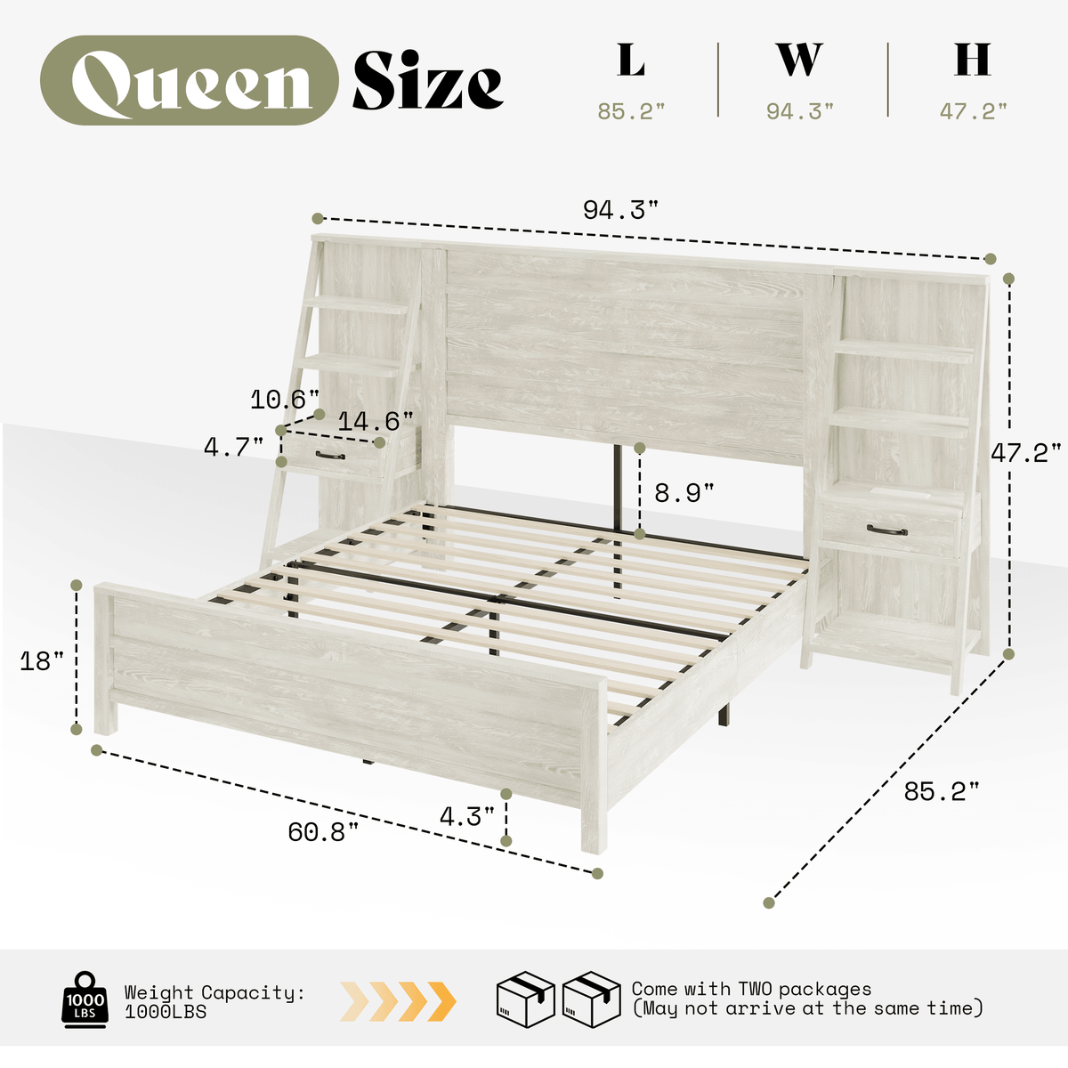 Tier Bed Frame with Bookshelves - QUEEN/WHITE