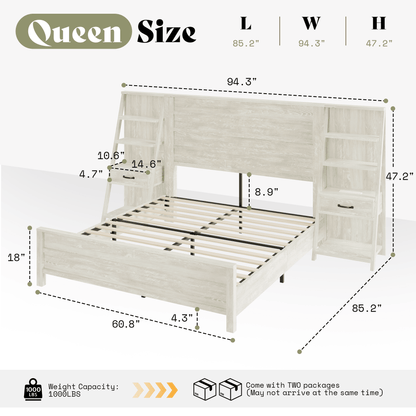 Tier Bed Frame with Bookshelves - QUEEN/WHITE