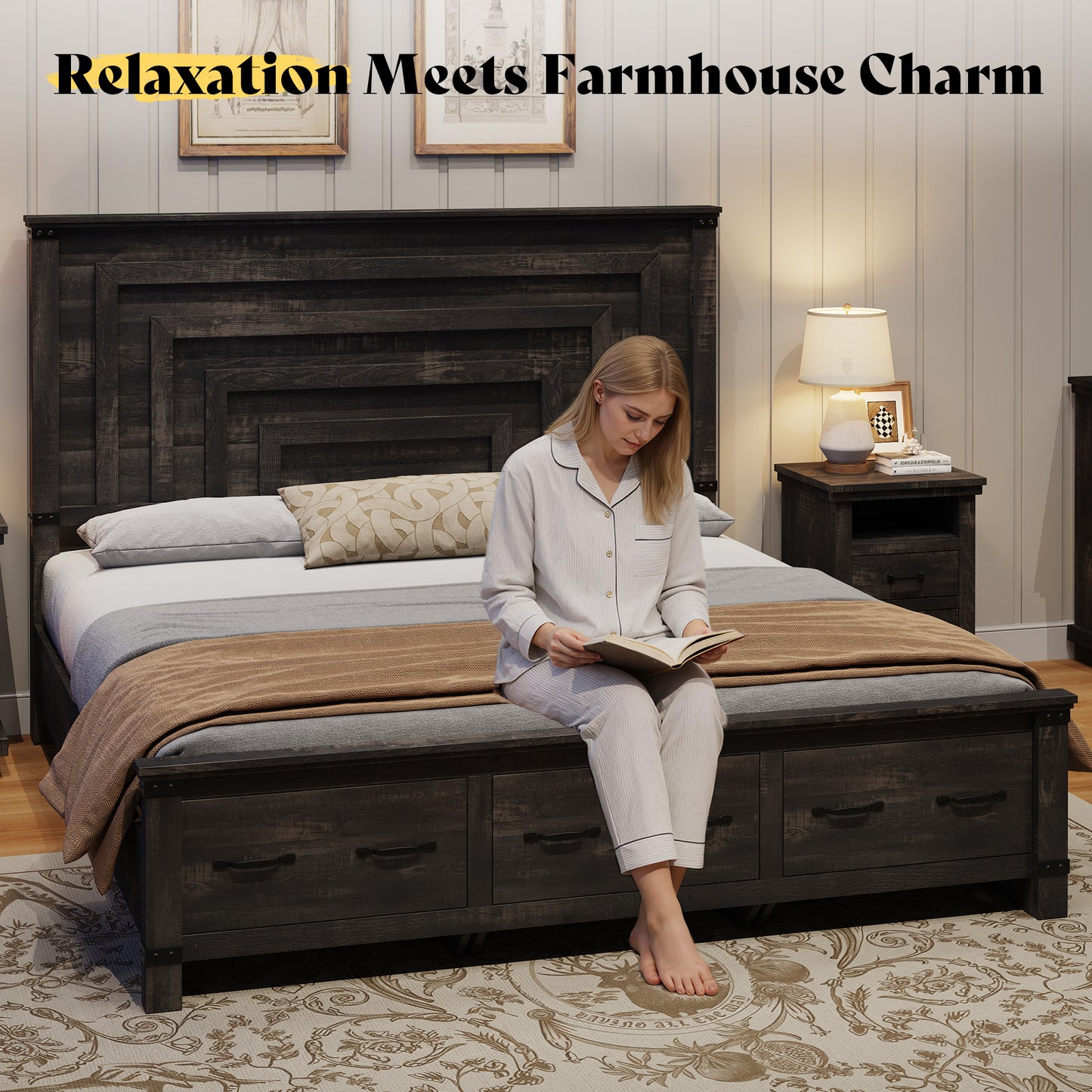 Quin Bed Frame Farmhouse Storage Bed Amerlife Black King