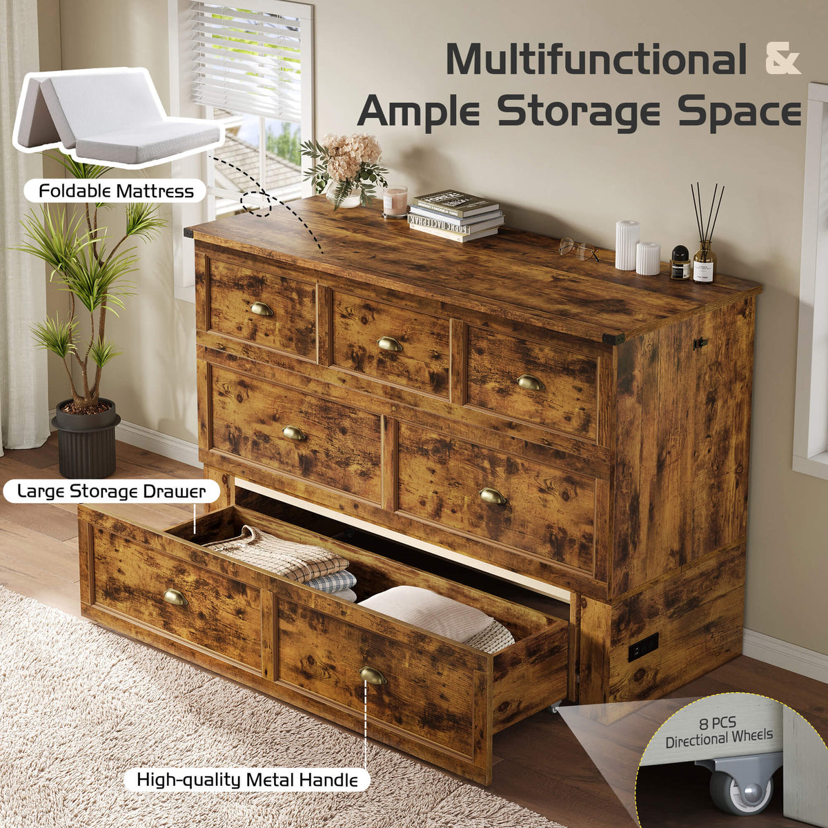 Haven Farmhouse Murphy Bed with Storage - F-BROWN