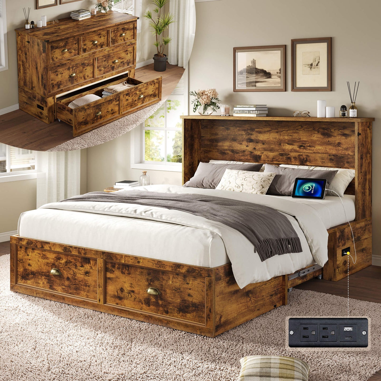 Haven Farmhouse Murphy Bed with Storage - Q-BROWN