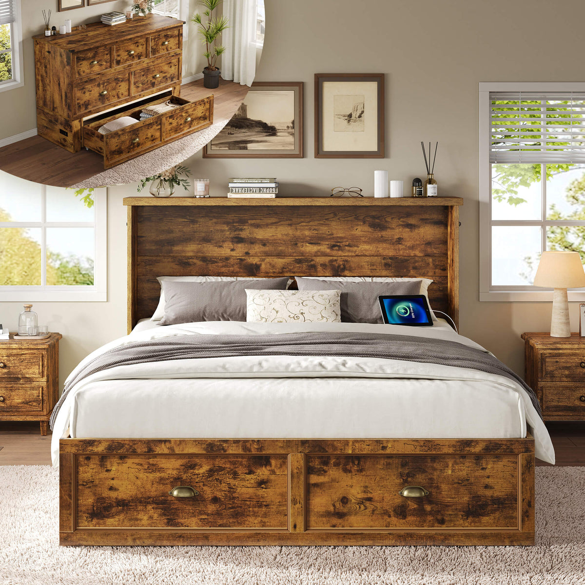 Haven Farmhouse Murphy Bed with Storage - Q-BROWN
