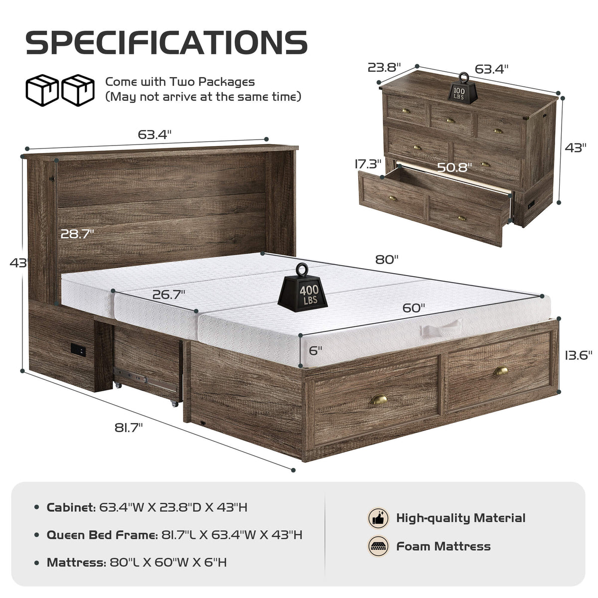 Haven Farmhouse Murphy Bed with Storage - Q-GREY