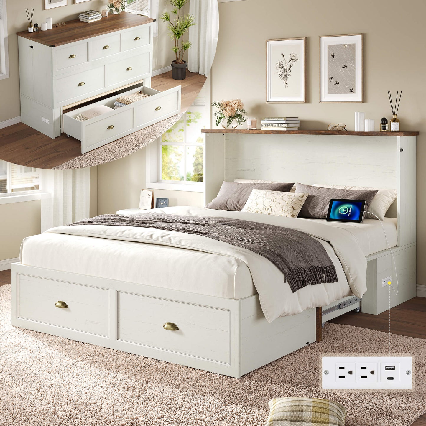 Haven Farmhouse Murphy Bed with Storage - F-WHITE