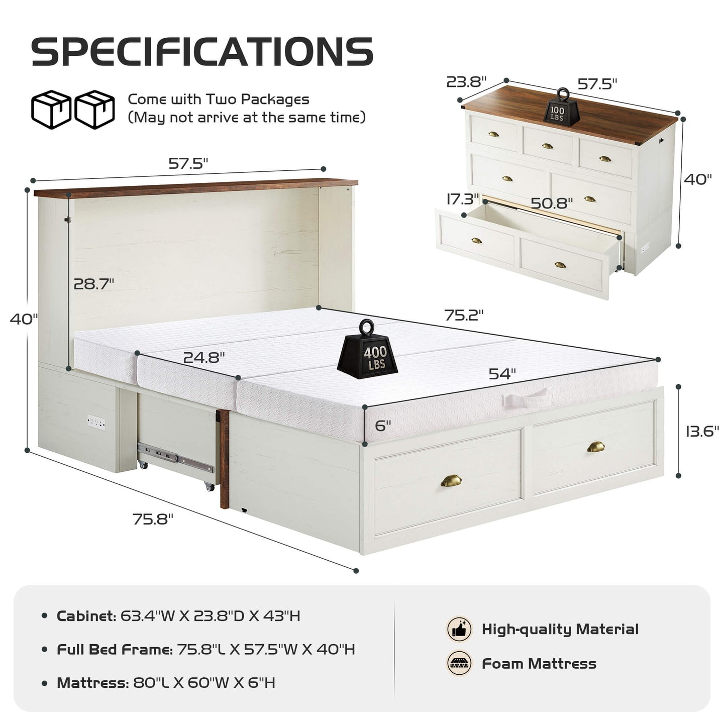 Haven Farmhouse Murphy Bed with Storage - F-WHITE