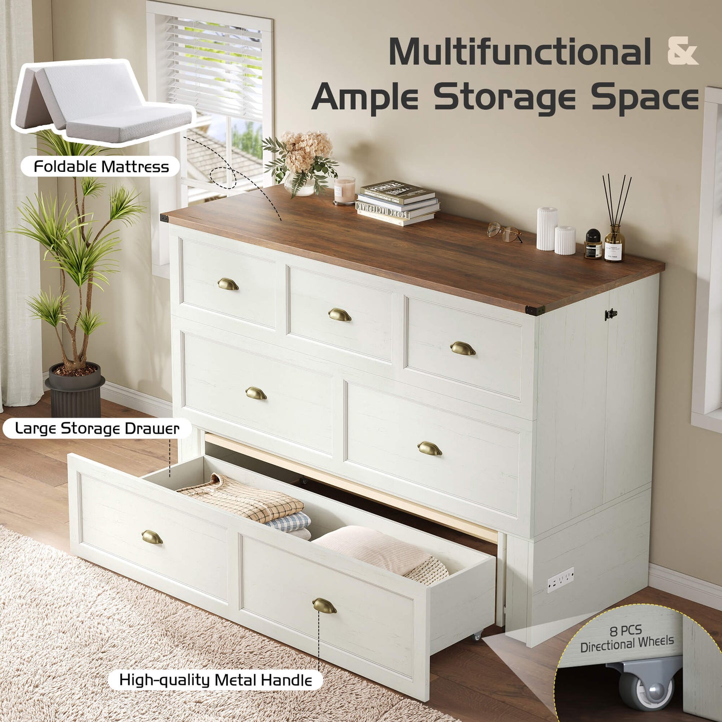 Haven Farmhouse Murphy Bed with Storage - F-WHITE