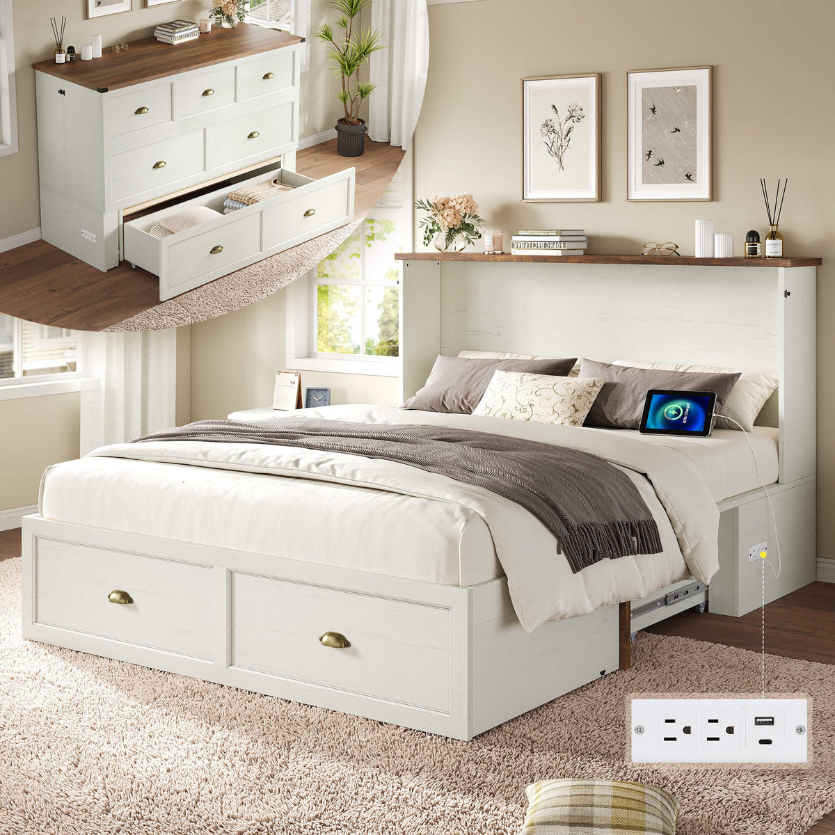 Haven Farmhouse Murphy Bed with Storage - Q-WHITE