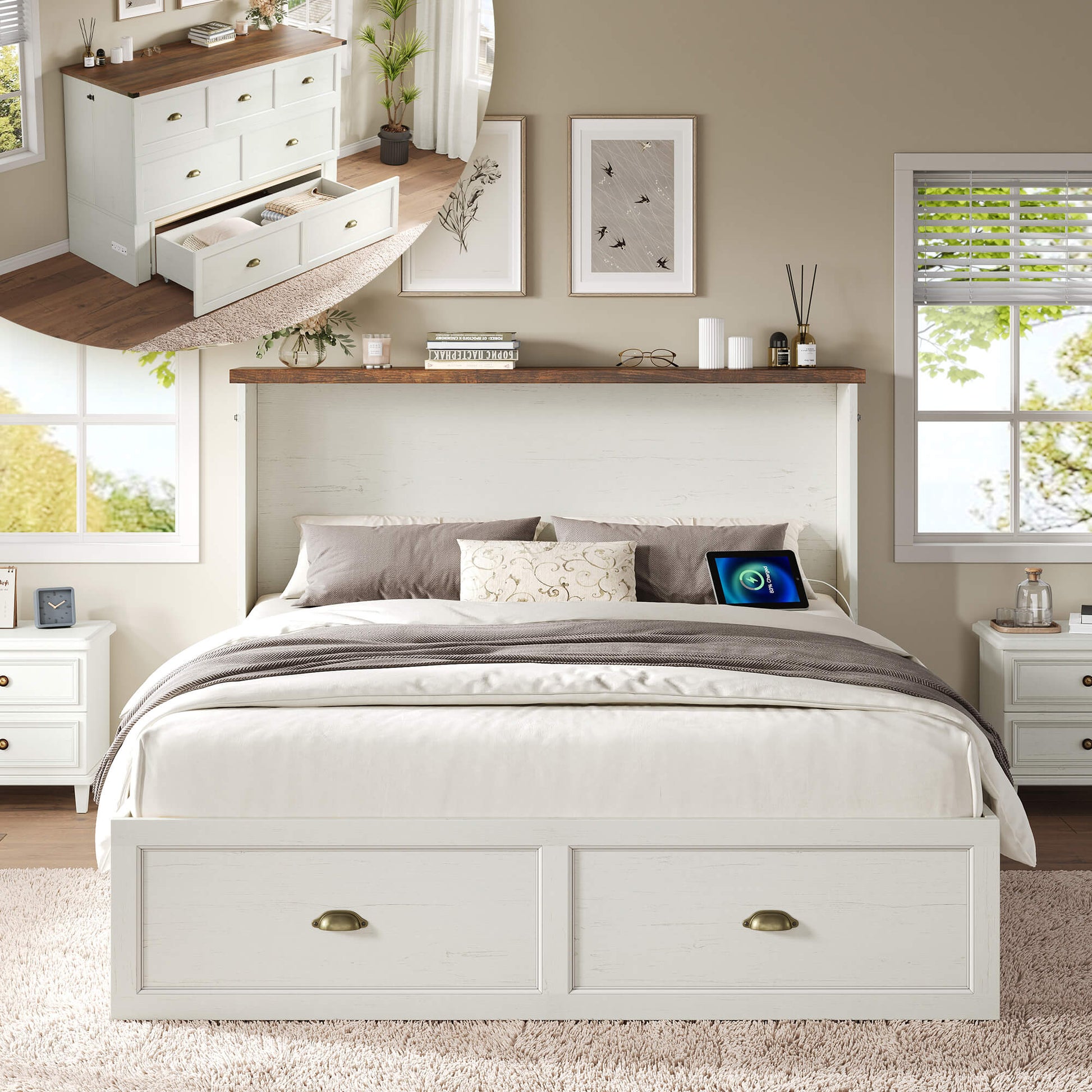 Haven Farmhouse Murphy Bed with Storage - Q-WHITE