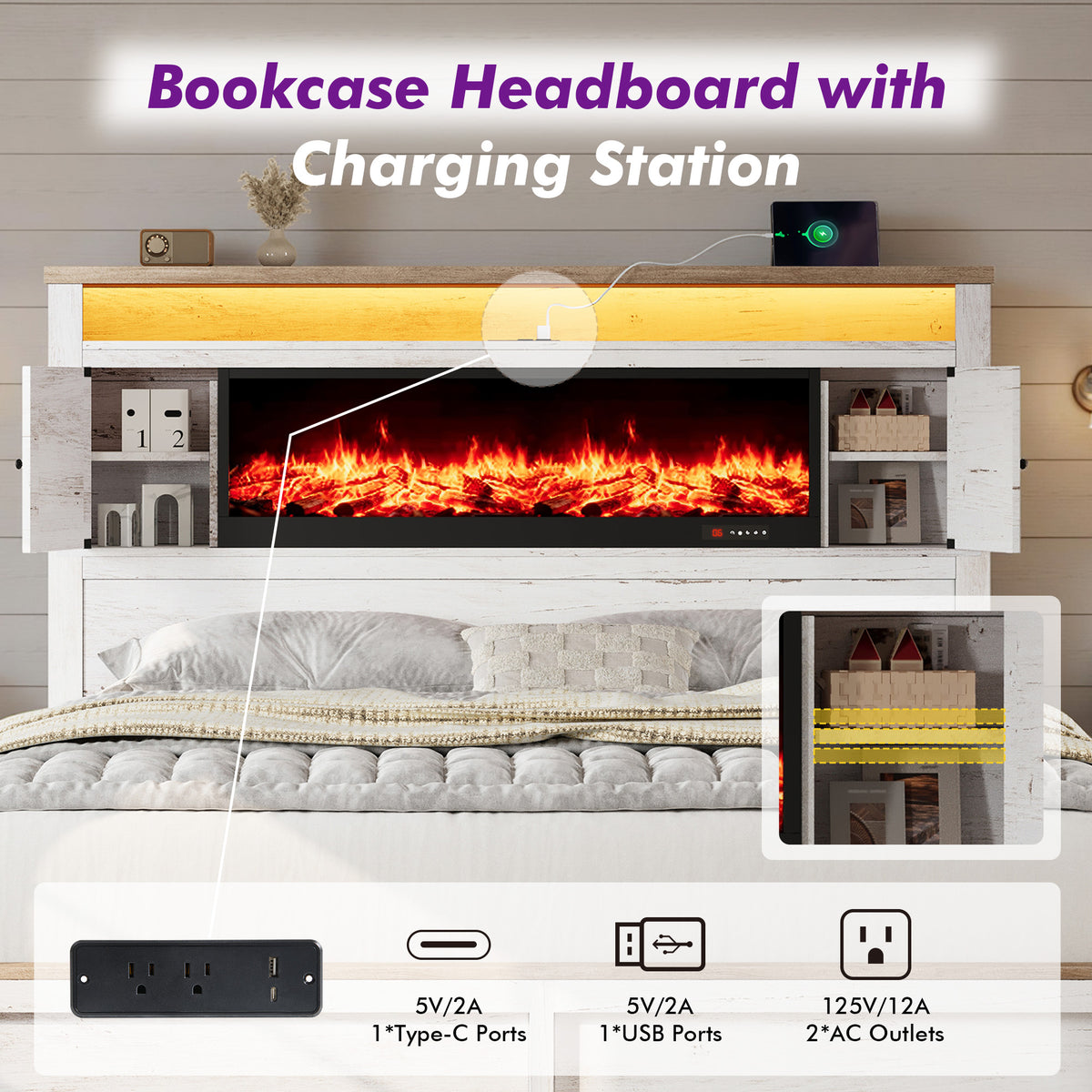 Hearth Farmhouse Fireplace Bed Amerlife King / White