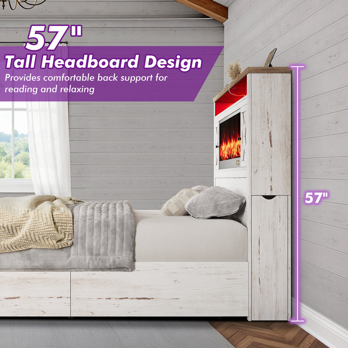 Hearth Farmhouse Fireplace Bed Amerlife King / White
