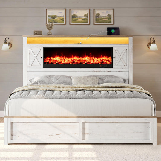 Hearth Farmhouse Fireplace Bed Amerlife Queen / White