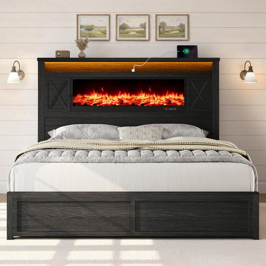 Hearth Farmhouse Fireplace Bed Amerlife Queen / Black