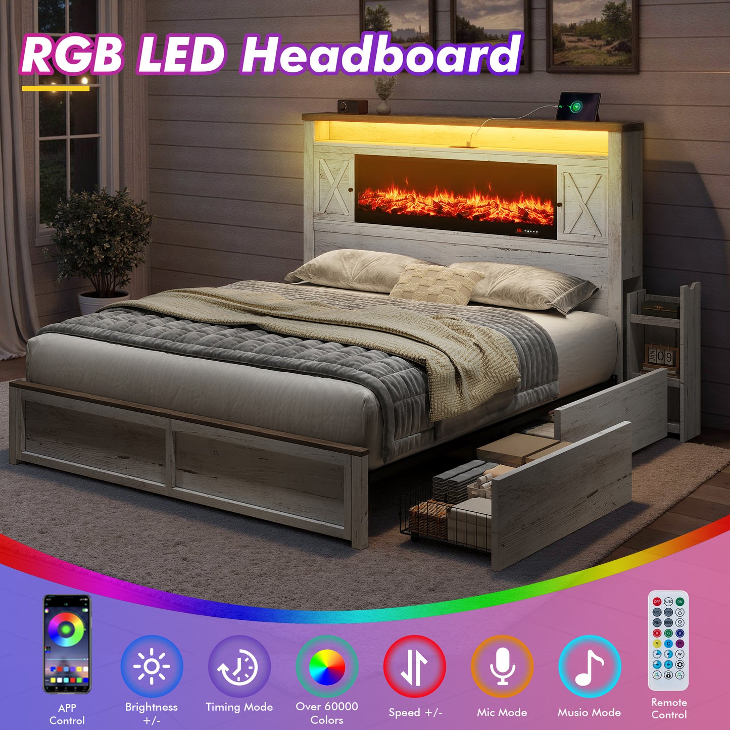 Hearth Farmhouse Fireplace Bed Amerlife Queen / White