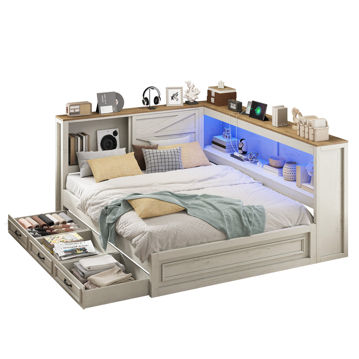 Slide Farmhouse Corner Bed Frame Amerlife White / Twin
