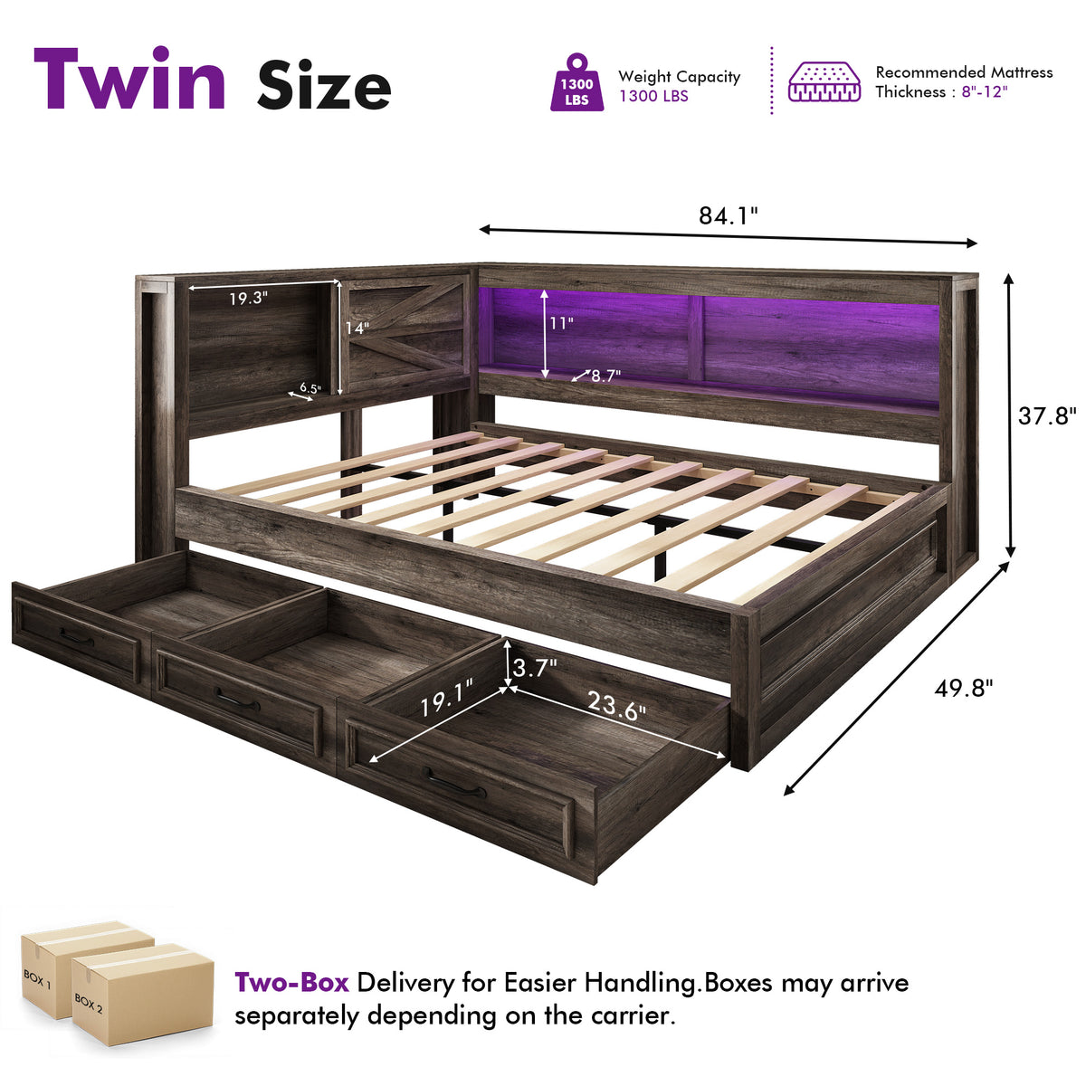 Slide Farmhouse Corner Bed Frame Amerlife Rustic Gray / Twin