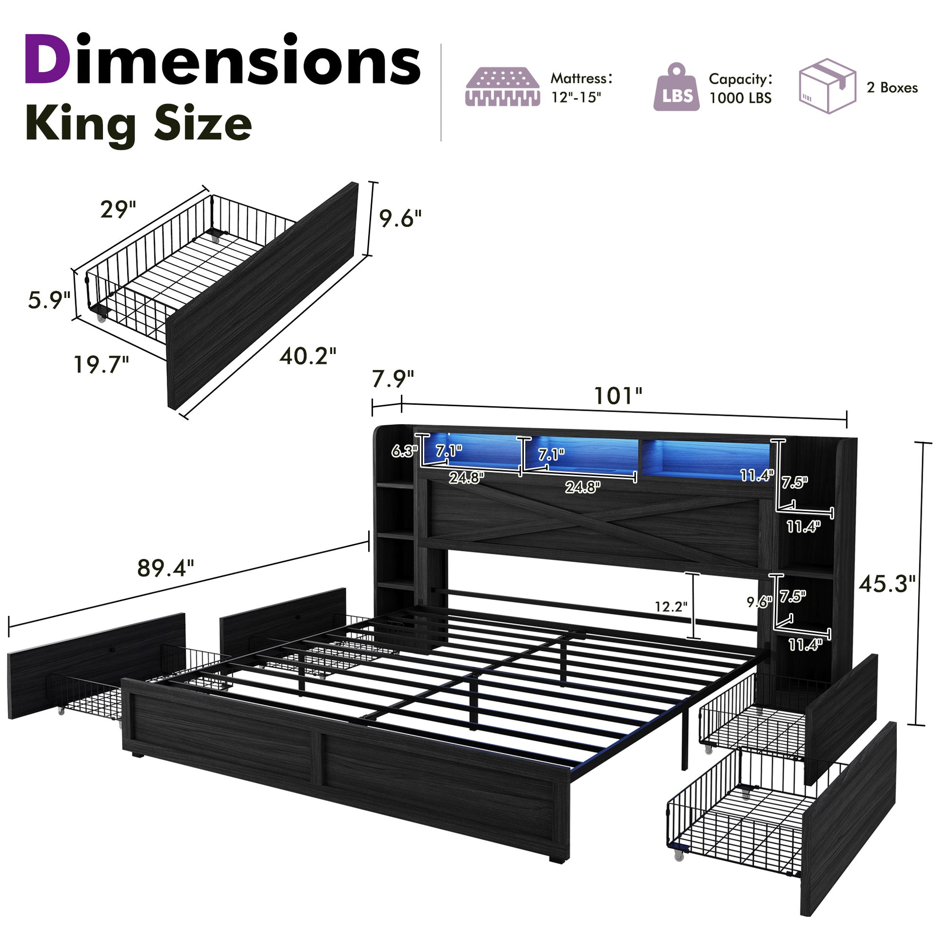 Stow Storage Bed Frame Amerlife King / Black