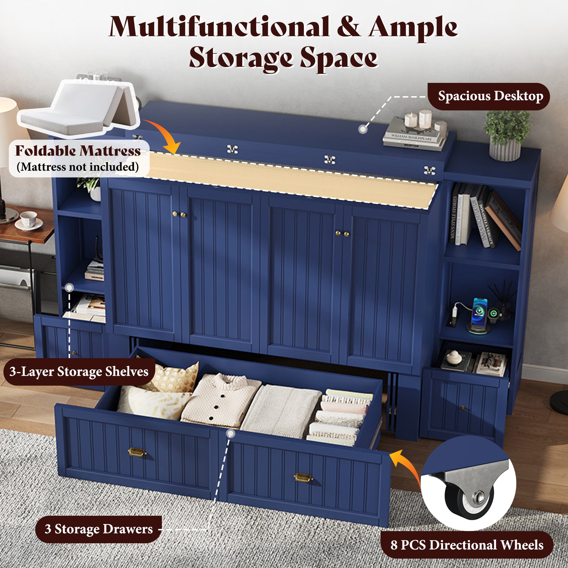 Slat Farmhouse Murphy Bed Amerlife Full / Blue