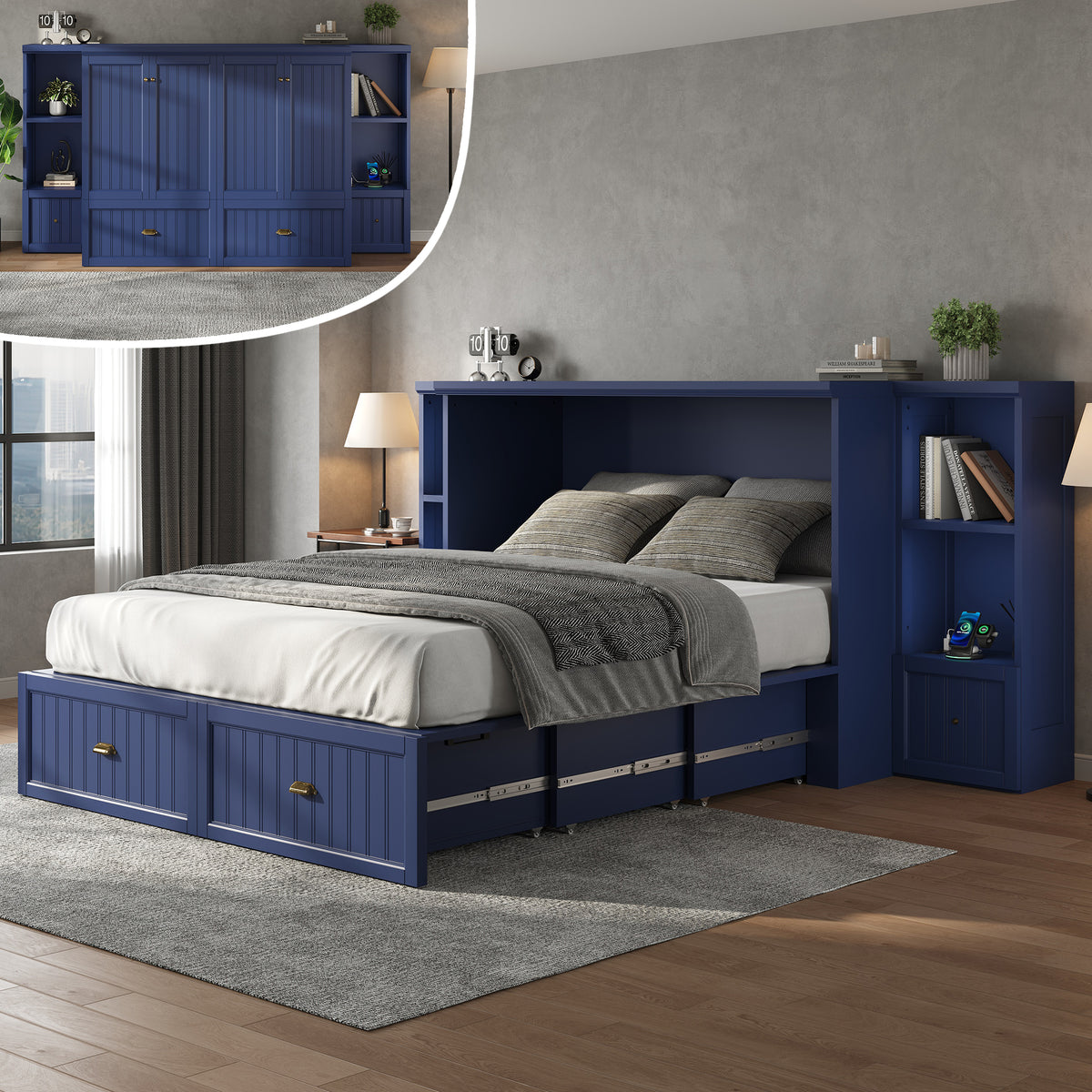 Slat Farmhouse Murphy Bed Amerlife Full / Blue