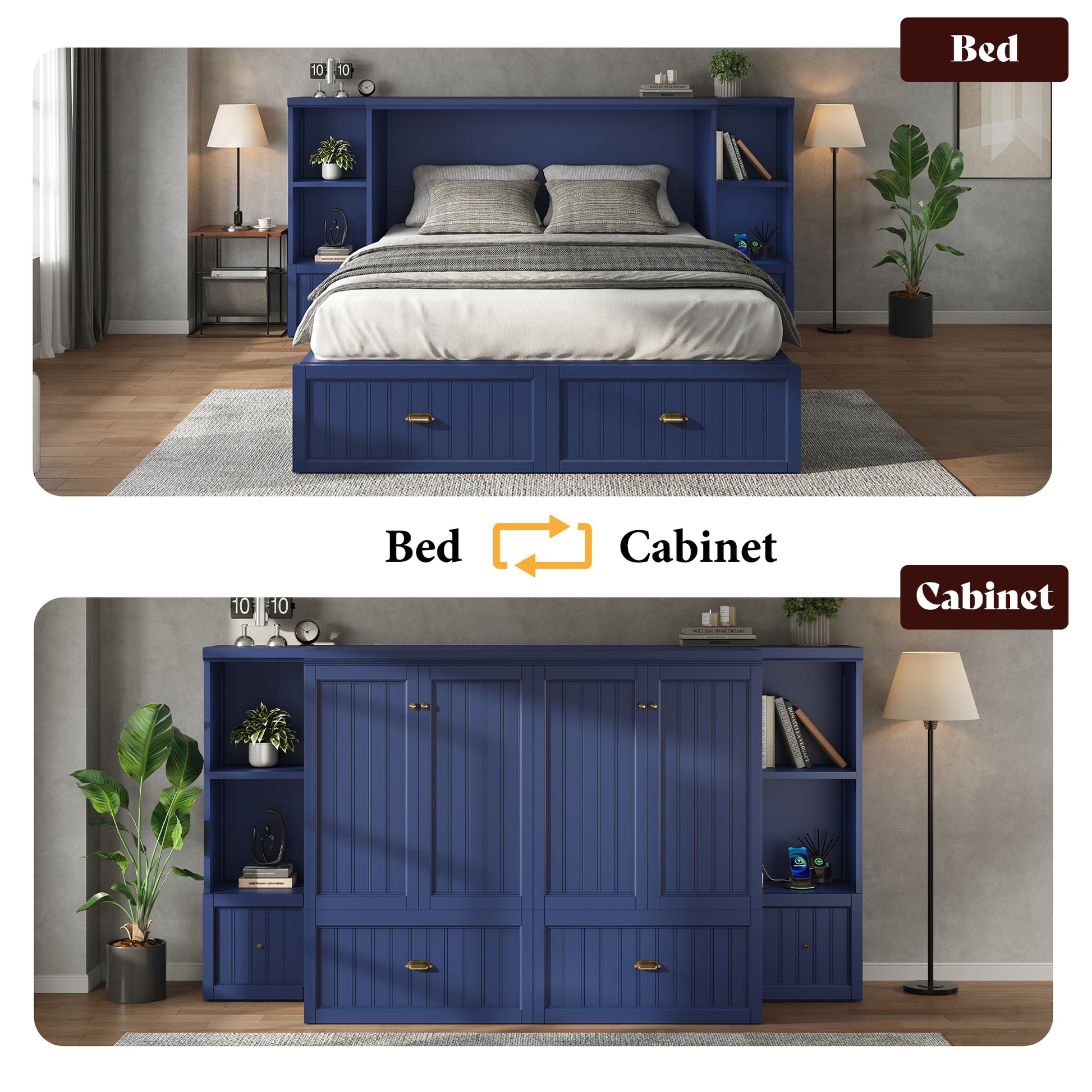 Slat Farmhouse Murphy Bed Amerlife Queen / Blue
