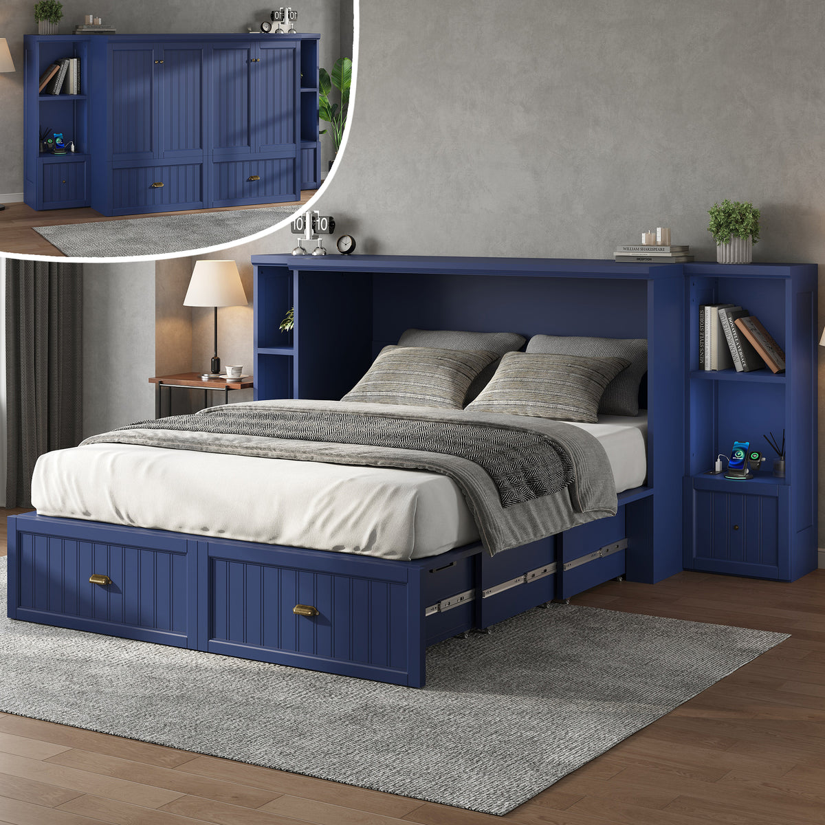 Slat Farmhouse Murphy Bed Amerlife Queen / Blue