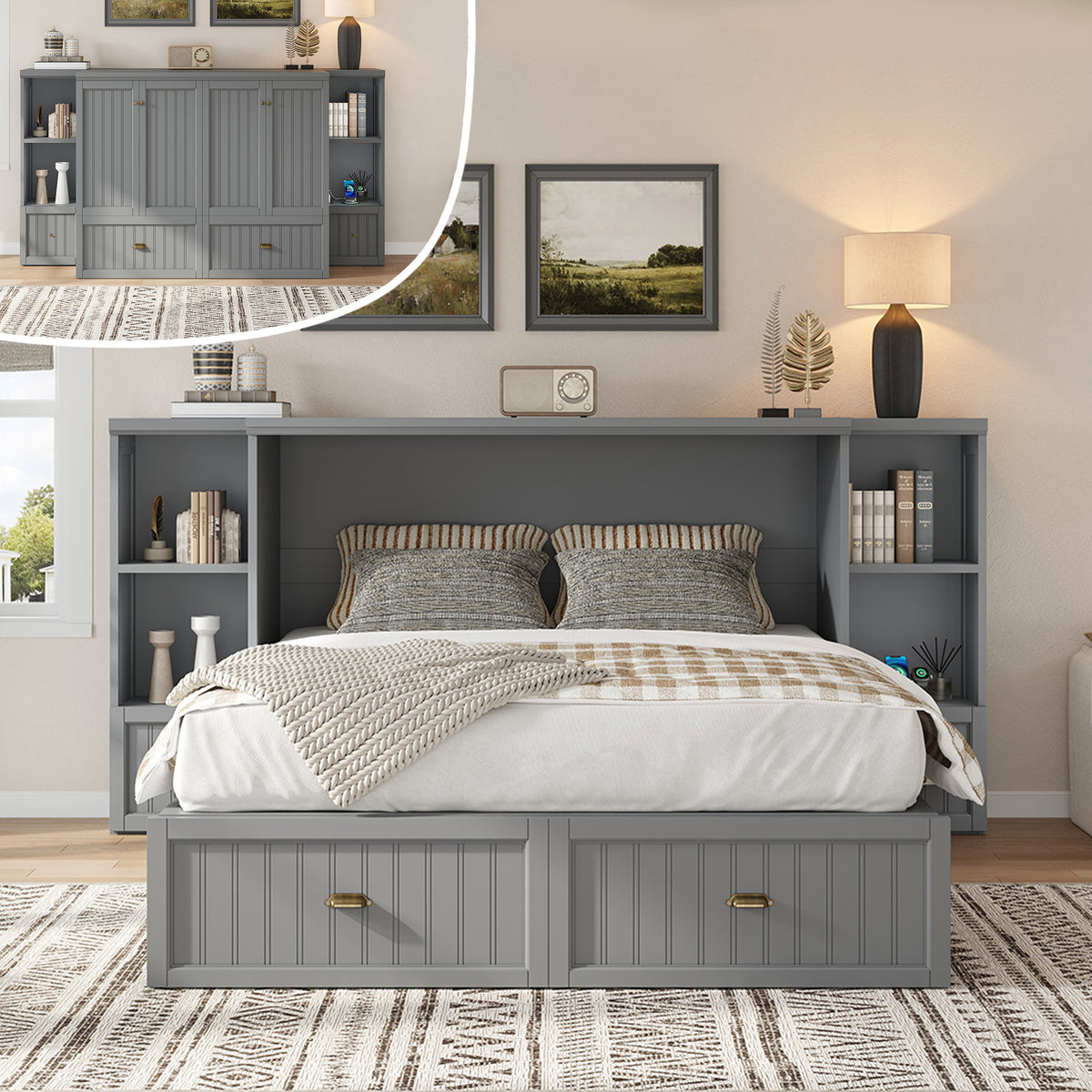 Slat Farmhouse Murphy Bed Amerlife Full / Gray