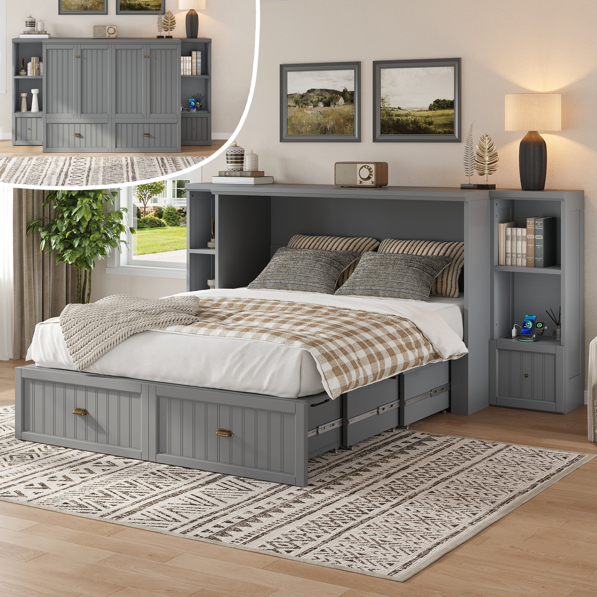 Slat Farmhouse Murphy Bed Amerlife Queen / Gray