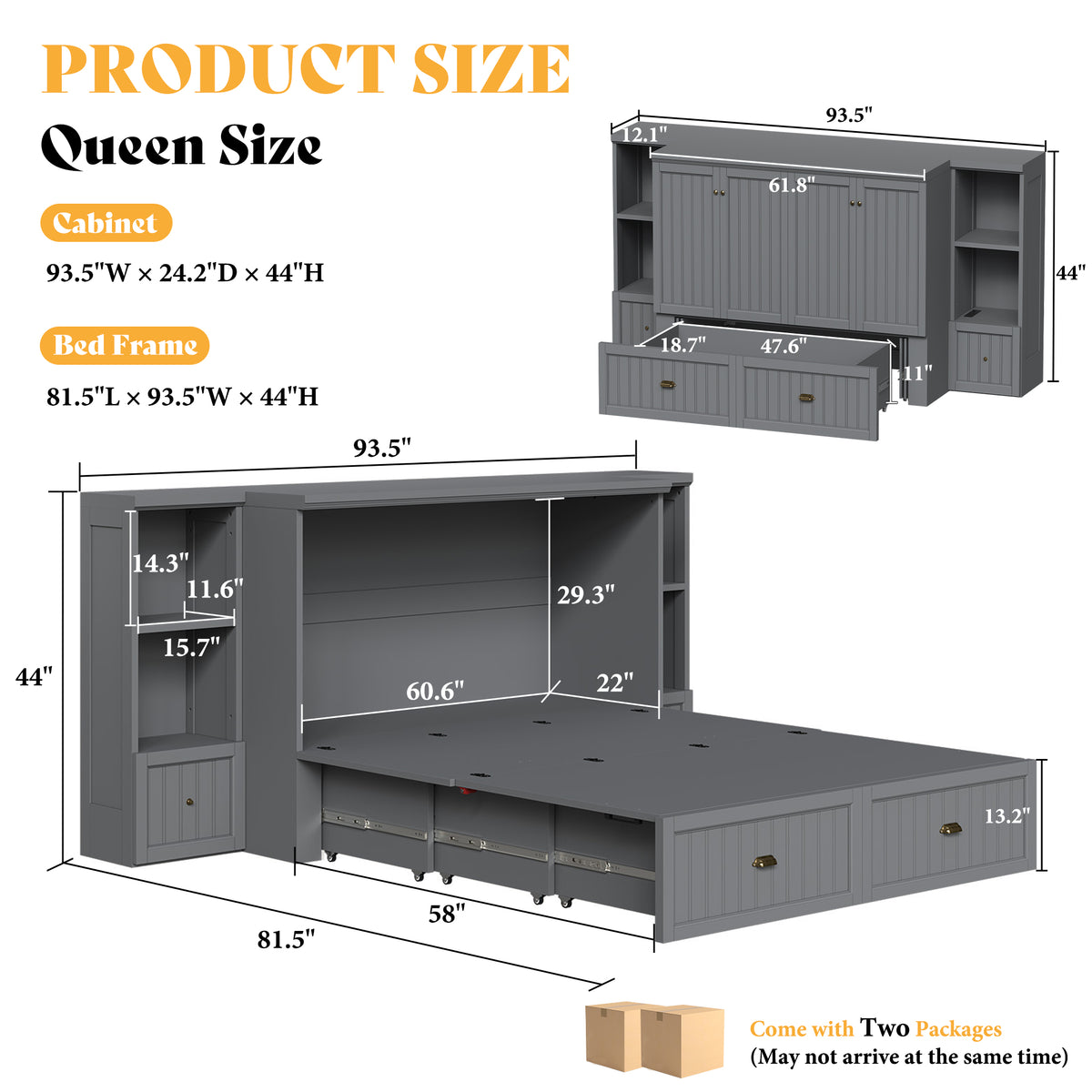 Slat Farmhouse Murphy Bed Amerlife Queen / Gray