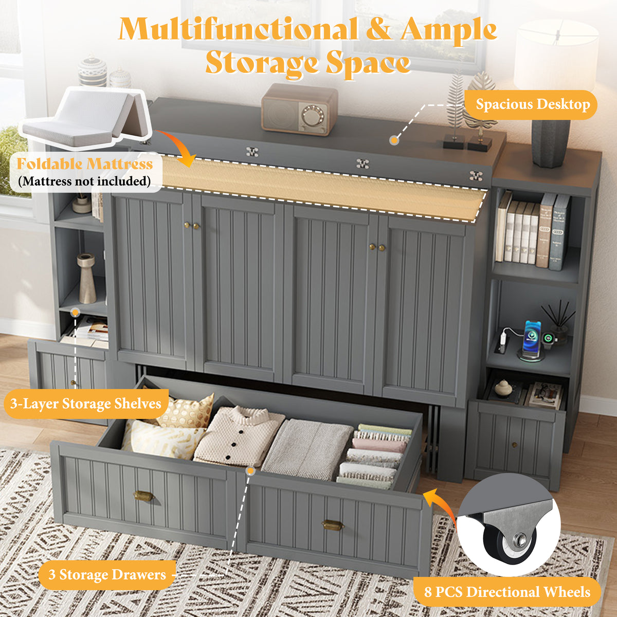 Slat Farmhouse Murphy Bed Amerlife Queen / Gray