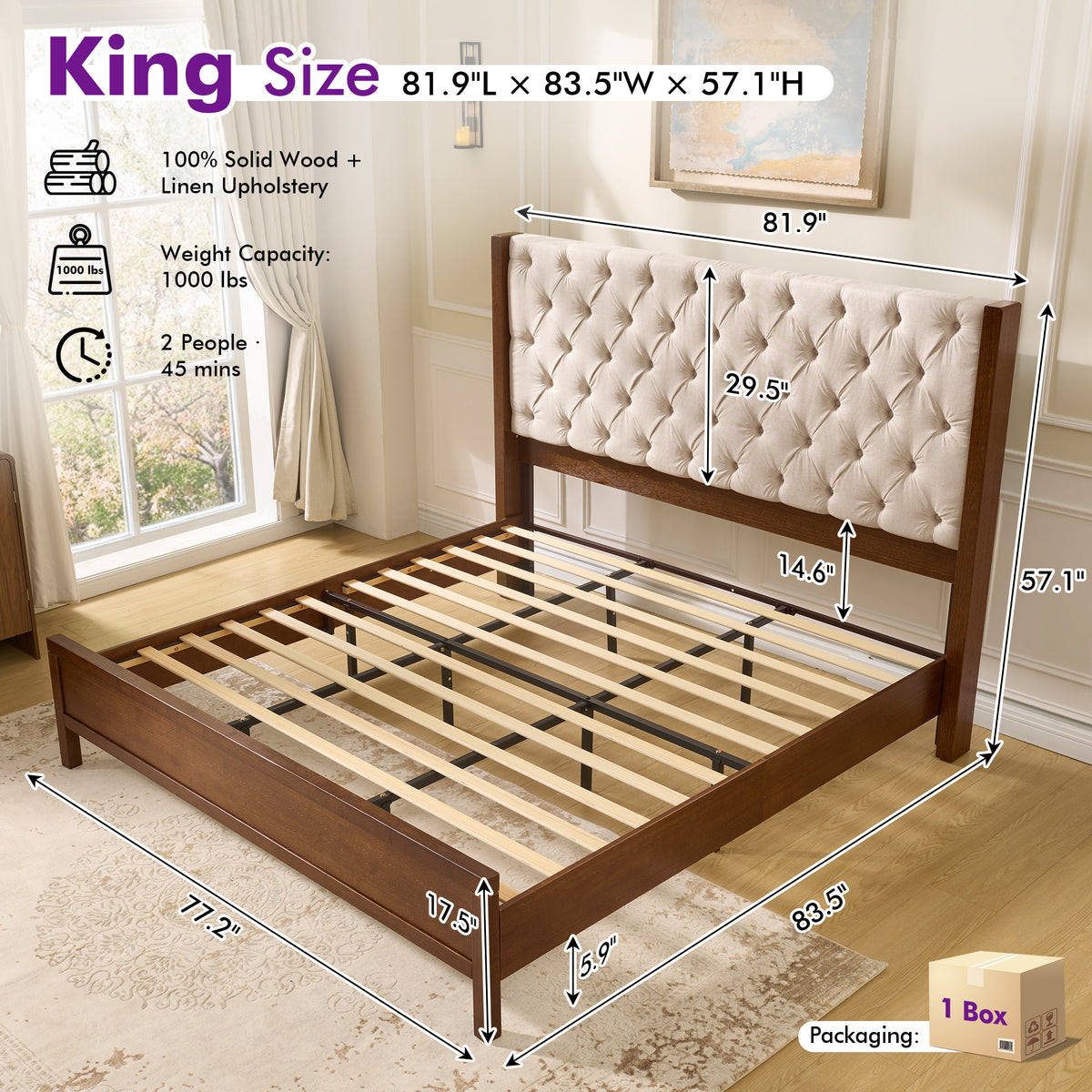 Flank Solid Wood Wingback Bed Frame King Dark Walnut