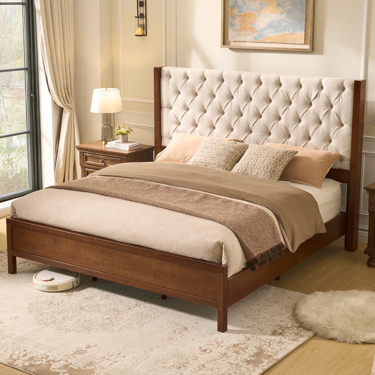Flank Solid Wood Wingback Bed Frame King Dark Walnut
