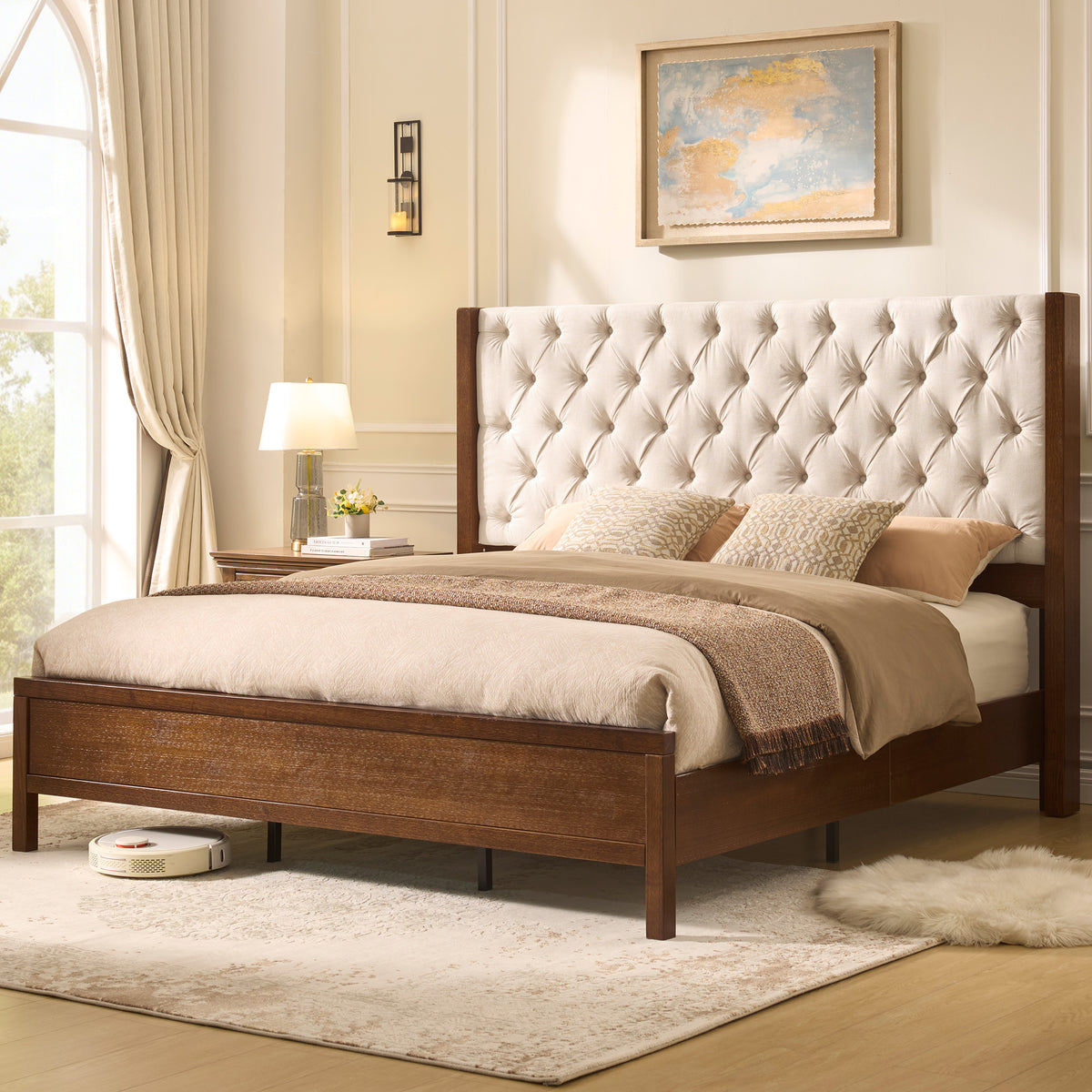 Flank Solid Wood Wingback Bed Frame Queen Dark Walnut