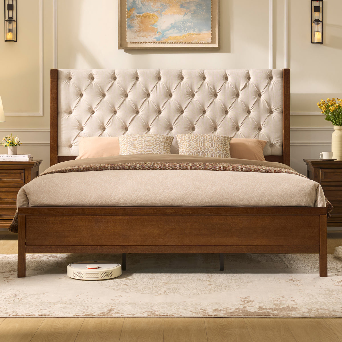 Flank Solid Wood Wingback Bed Frame Queen Dark Walnut