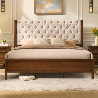 Flank Solid Wood Wingback Bed Frame Queen Dark Walnut