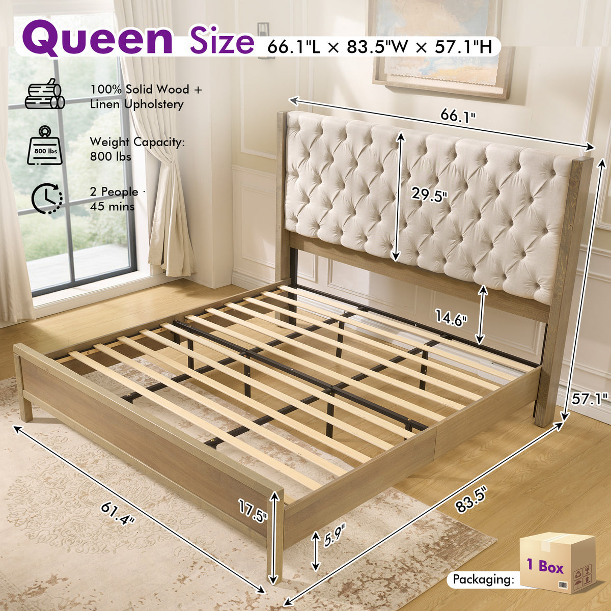 Flank Solid Wood Wingback Bed Frame Queen Gray Wash
