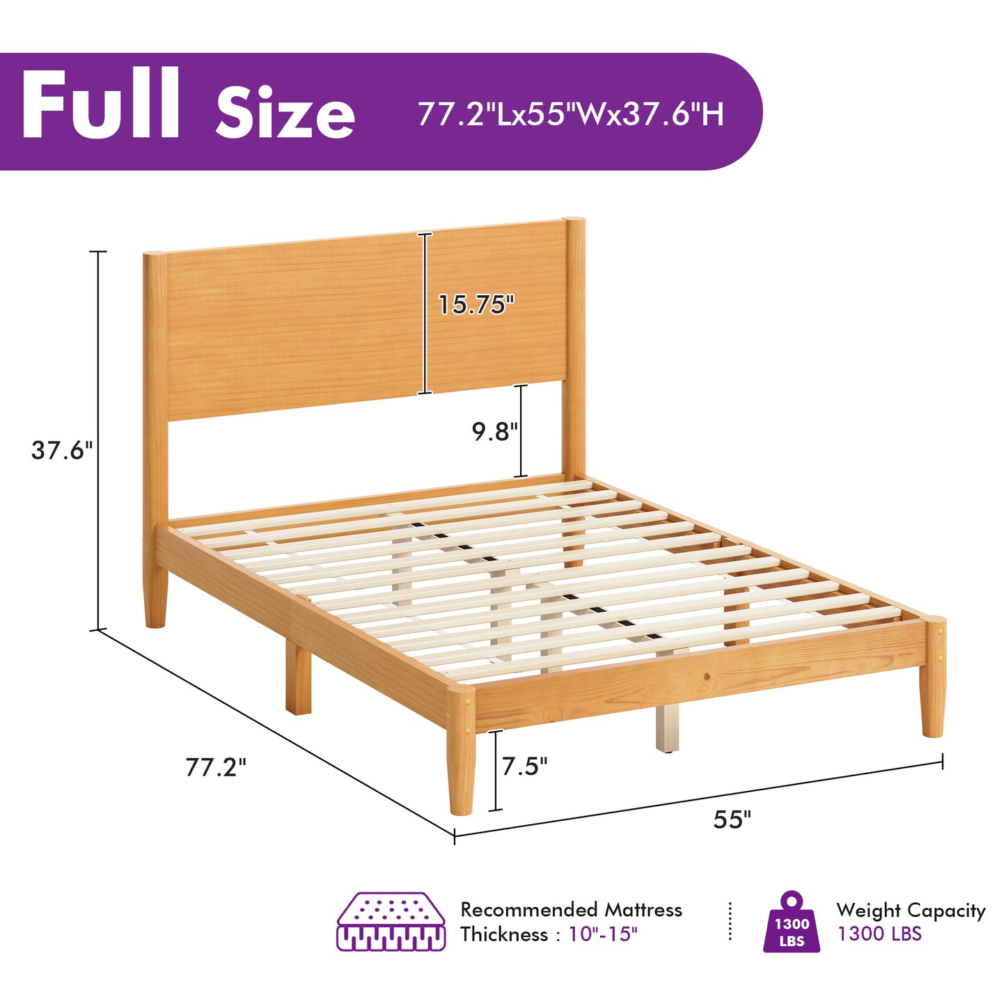 Mid Century Modern Platform Bed-FULL NATURAL