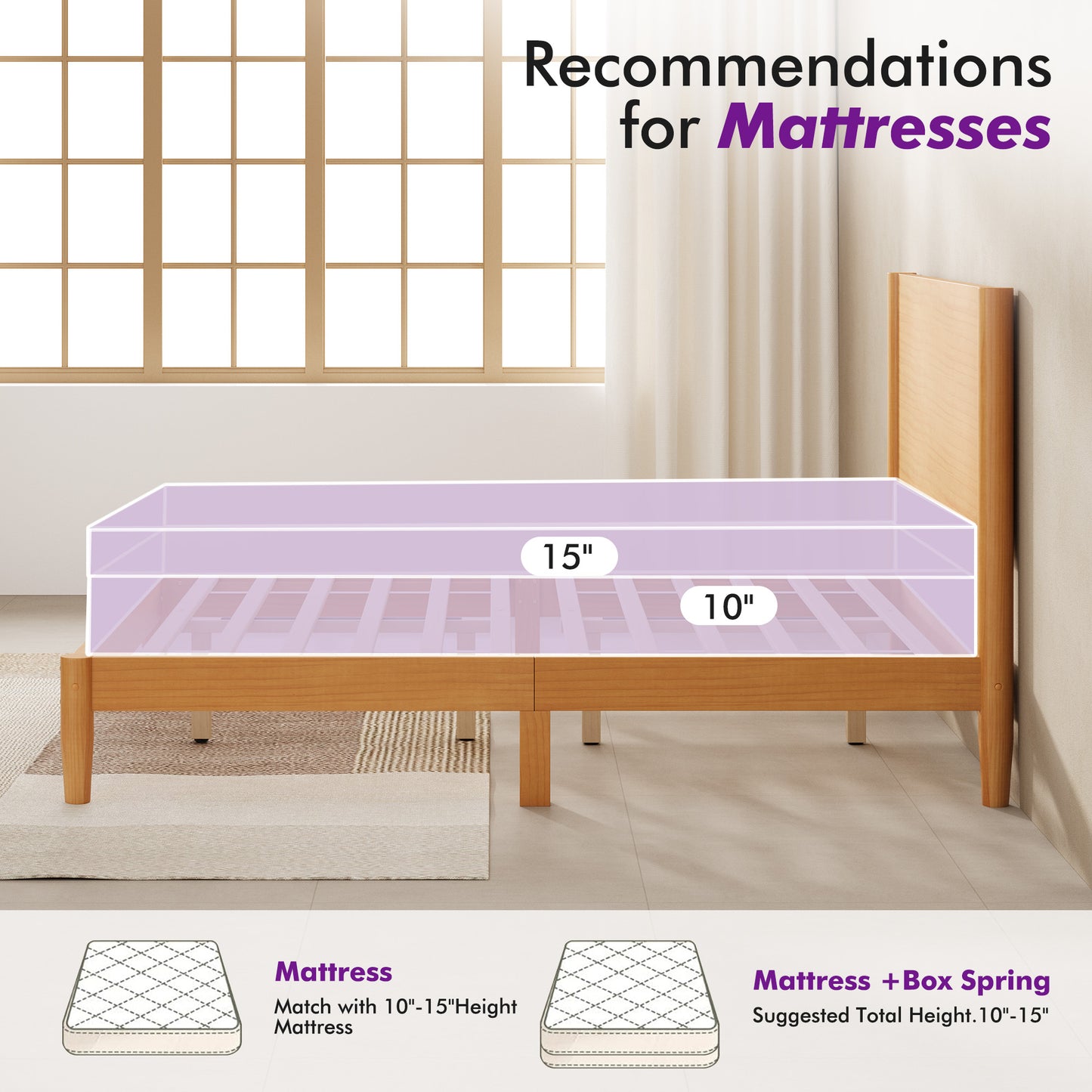 Mid Century Modern Platform Bed-QUEEN NATURAL