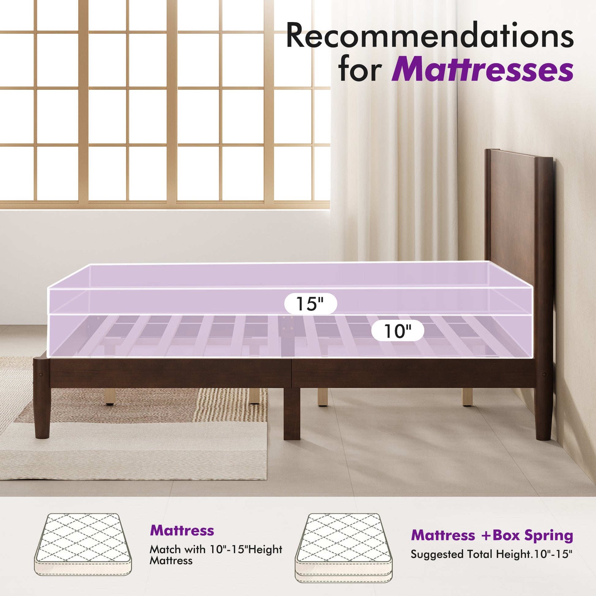 Mid Century Modern Platform Bed-QUEEN WALNUT
