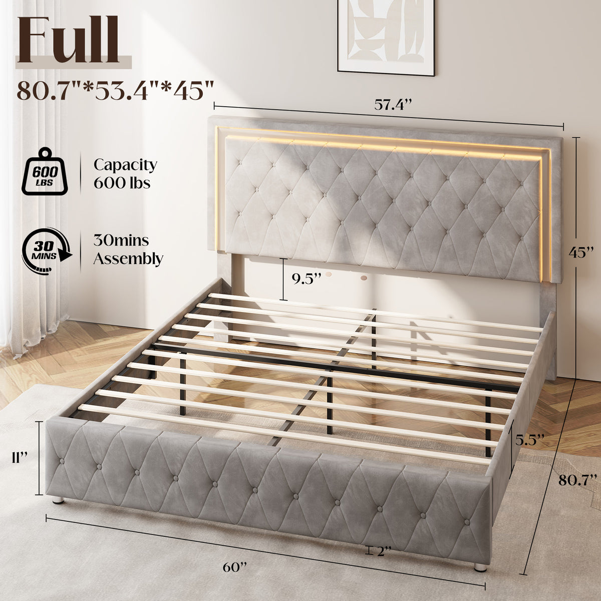 Hues LED Bed Frame-F-GREY
