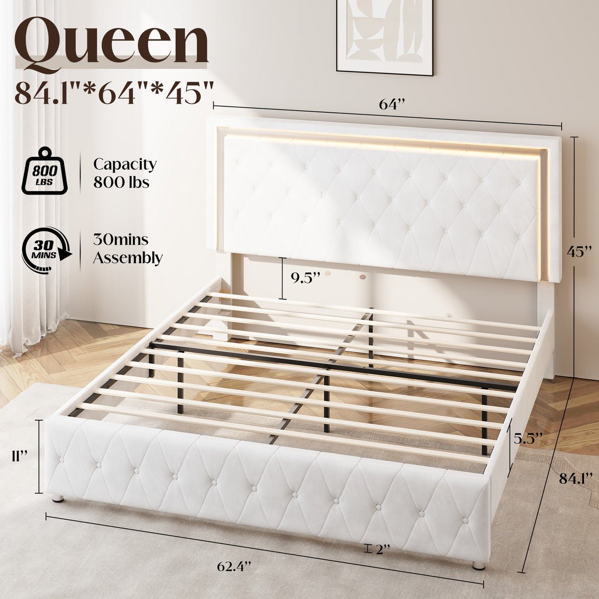 Hues LED Bed Frame-Q-WHITE