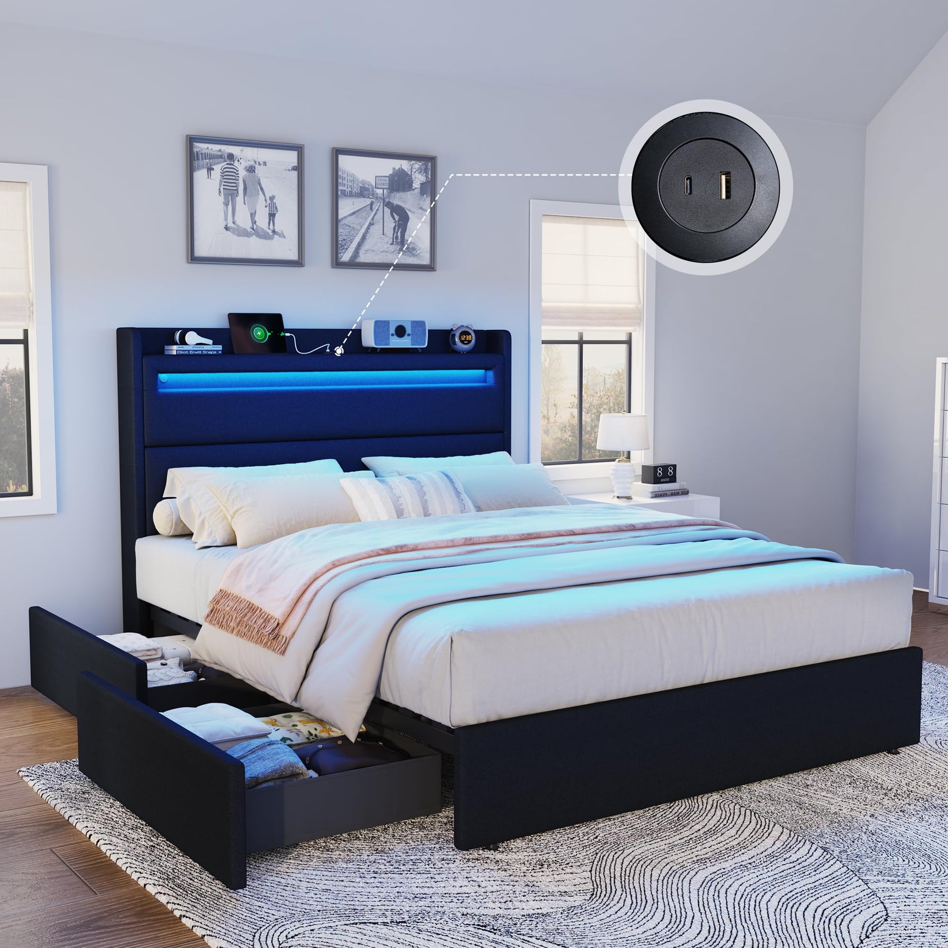 Nest LED Storage Platform Bed Frame Full Black