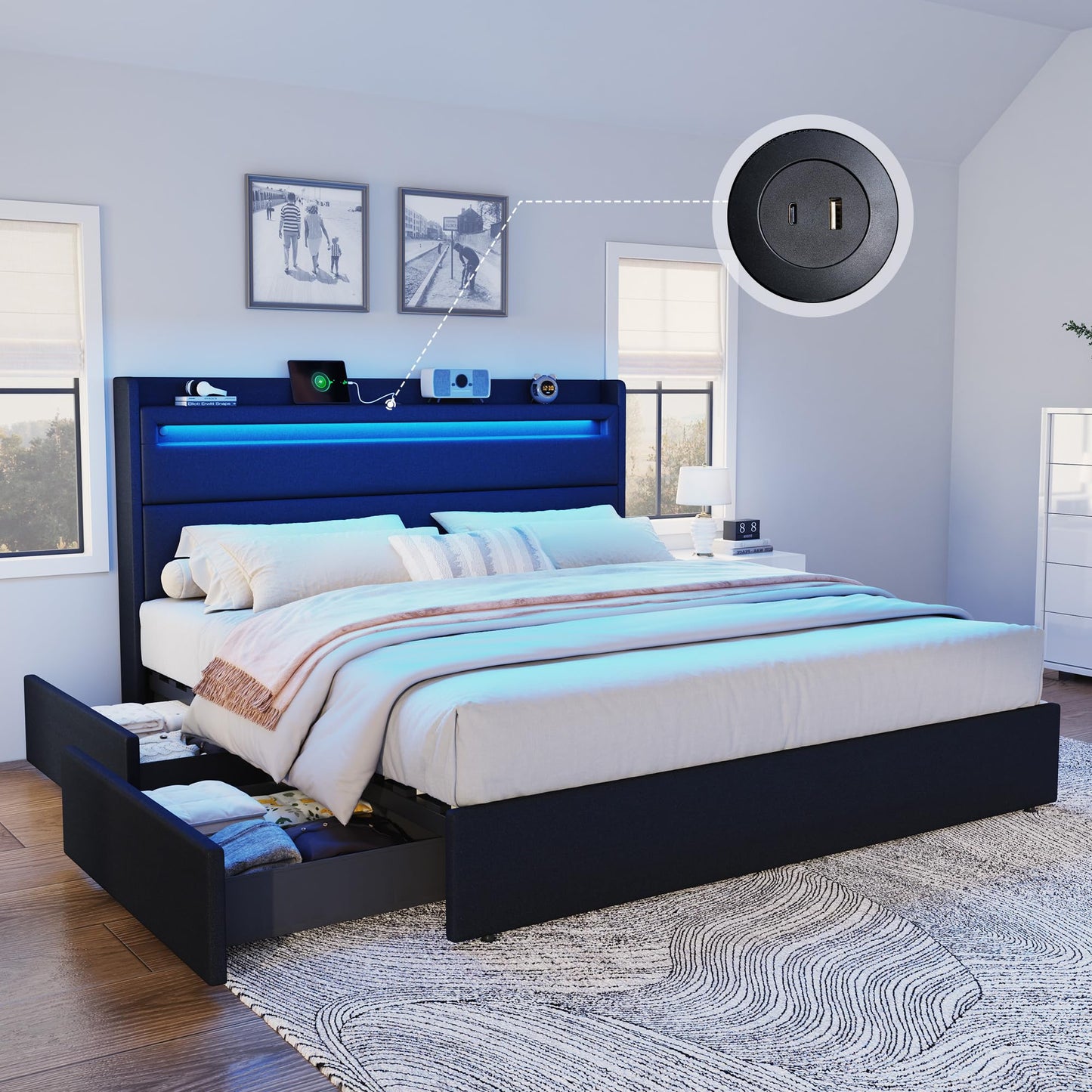 Nest LED Storage Platform Bed Frame King Black