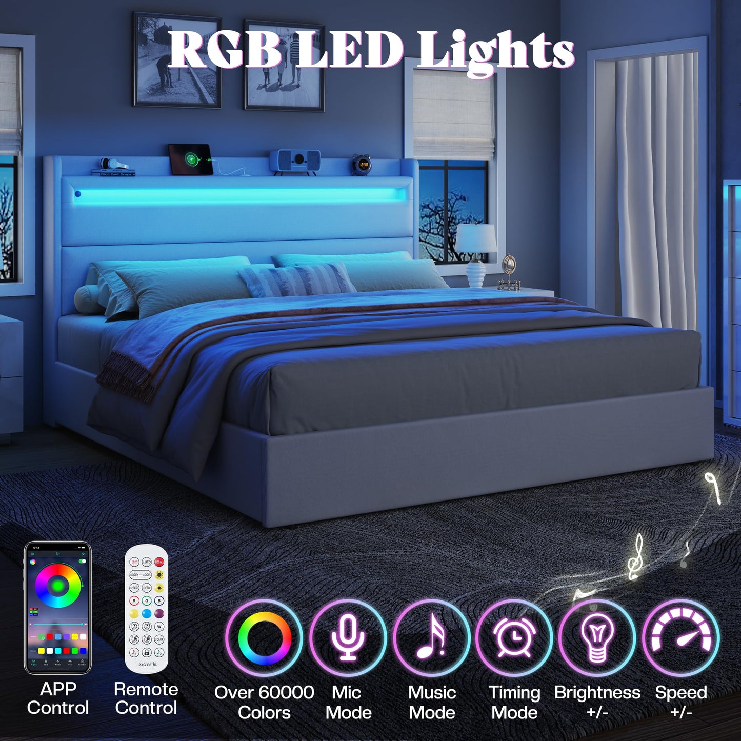 Nest LED Storage Platform Bed Frame King White