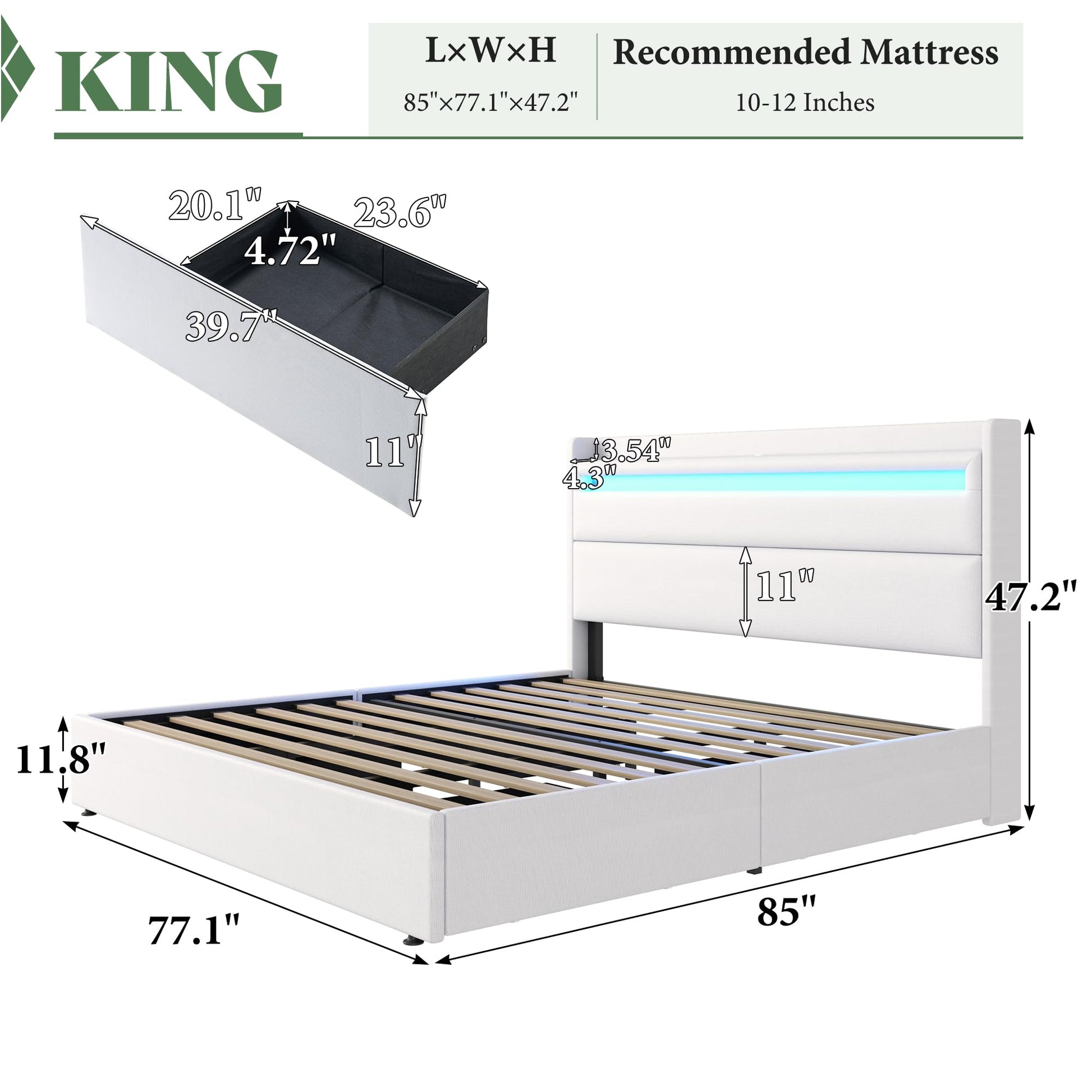 Nest LED Storage Platform Bed Frame King White