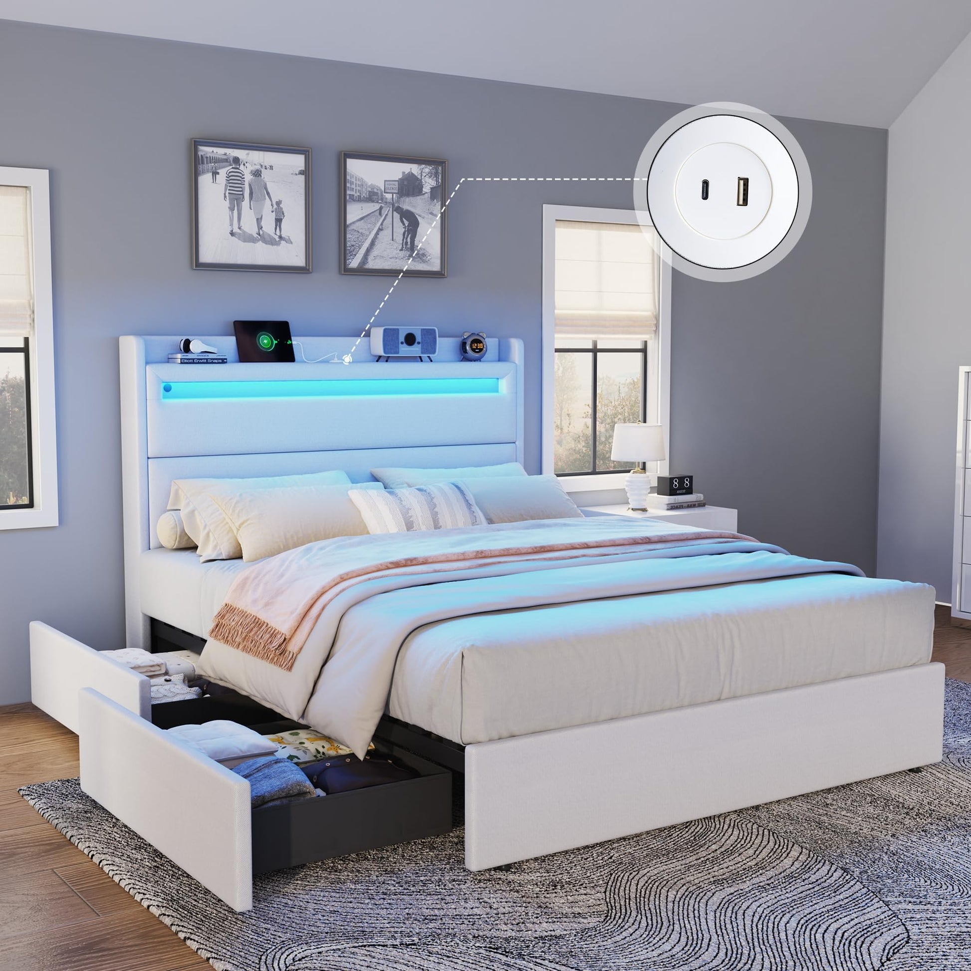Nest LED Storage Platform Bed Frame Queen White