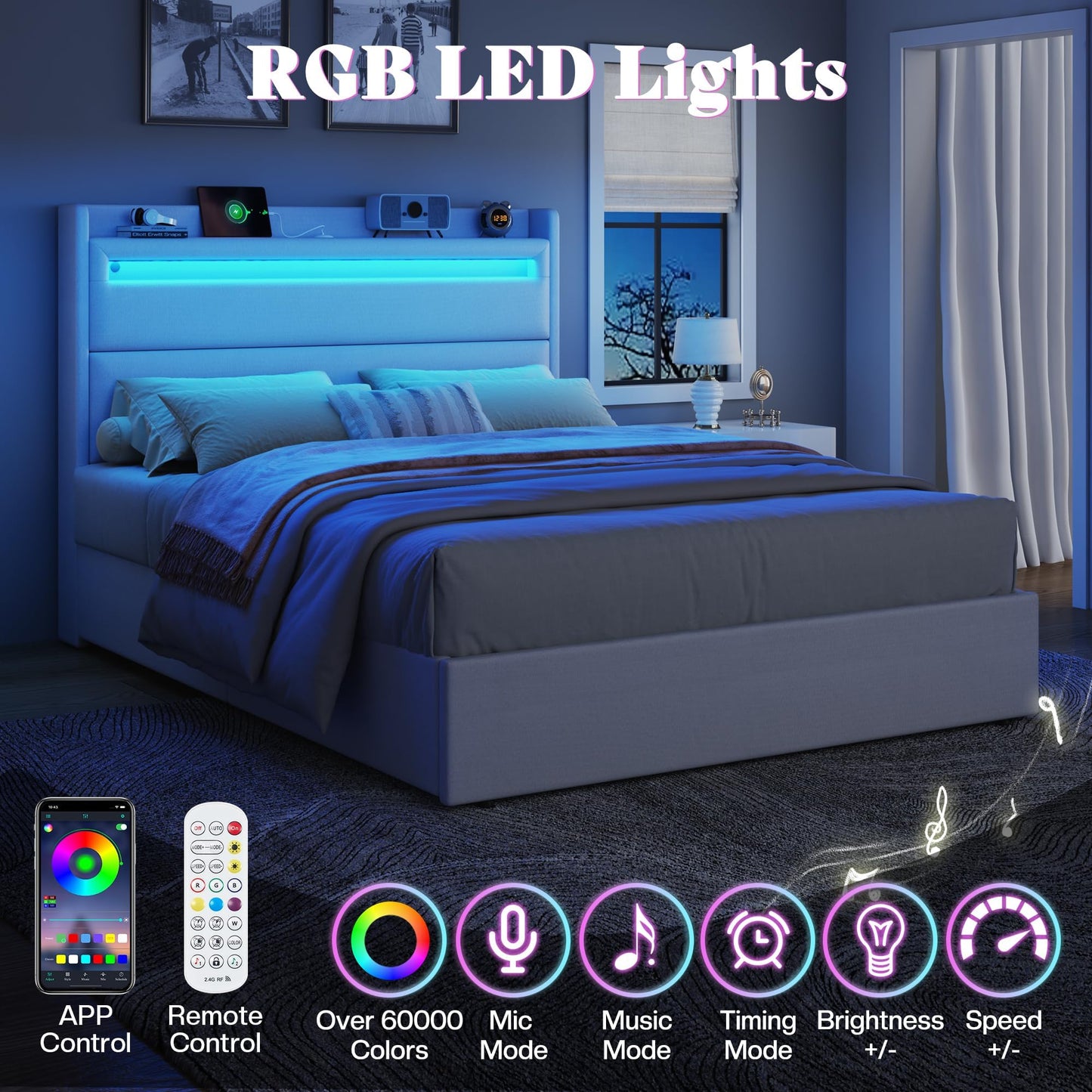 Nest LED Storage Platform Bed Frame Queen White