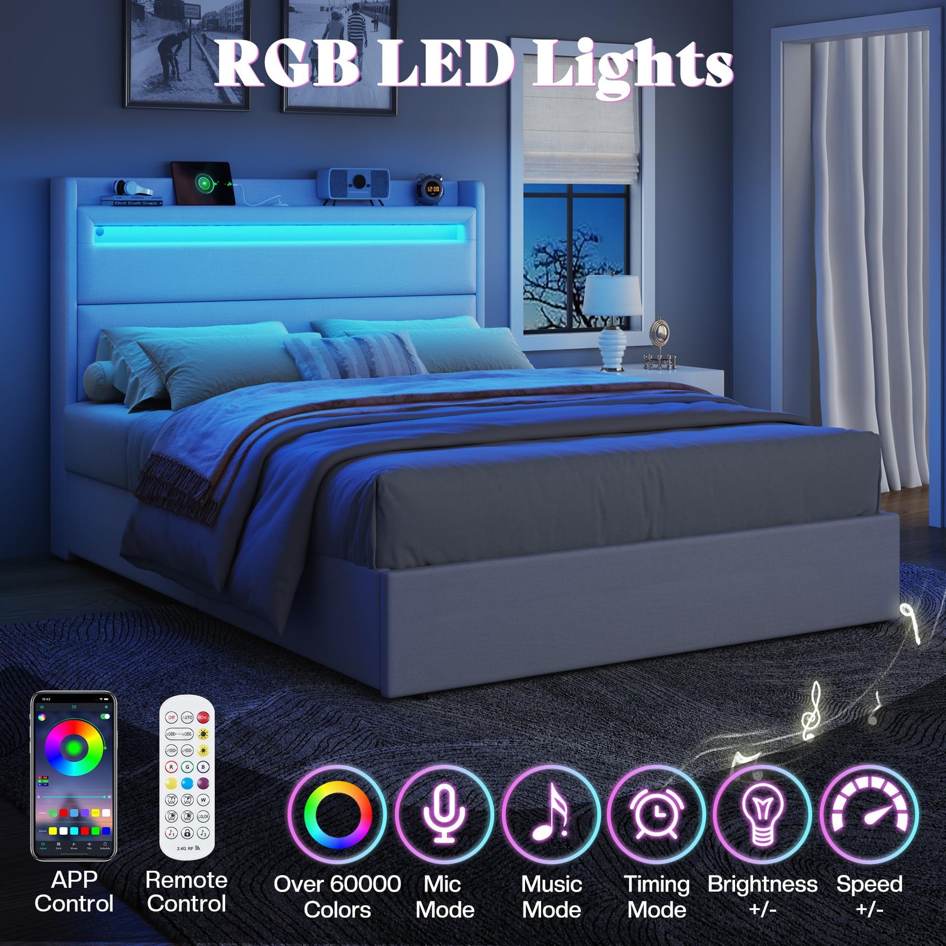 Nest LED Storage Platform Bed Frame Queen White