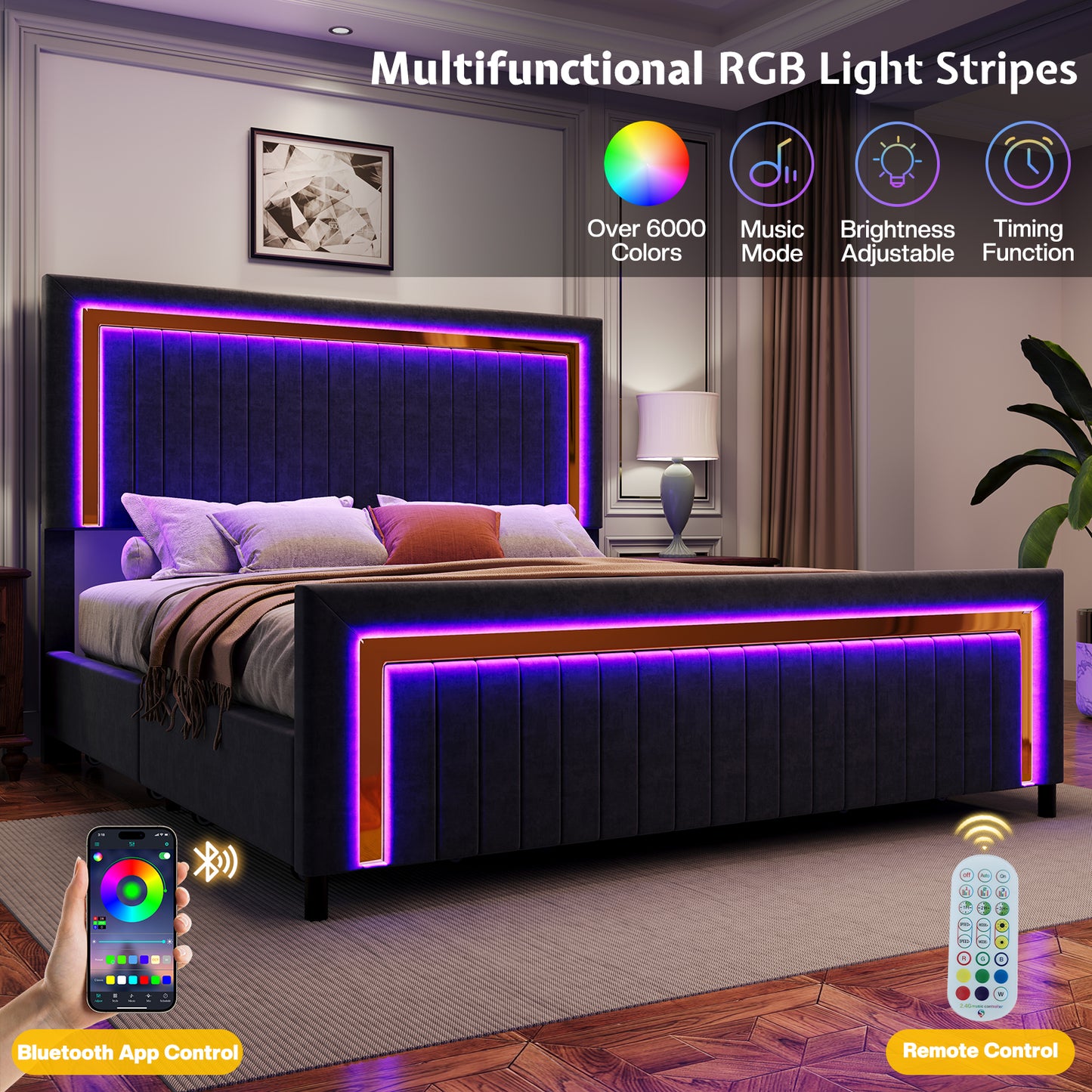 Vega LED Storage Bed Frame-BUB036 Q Black
