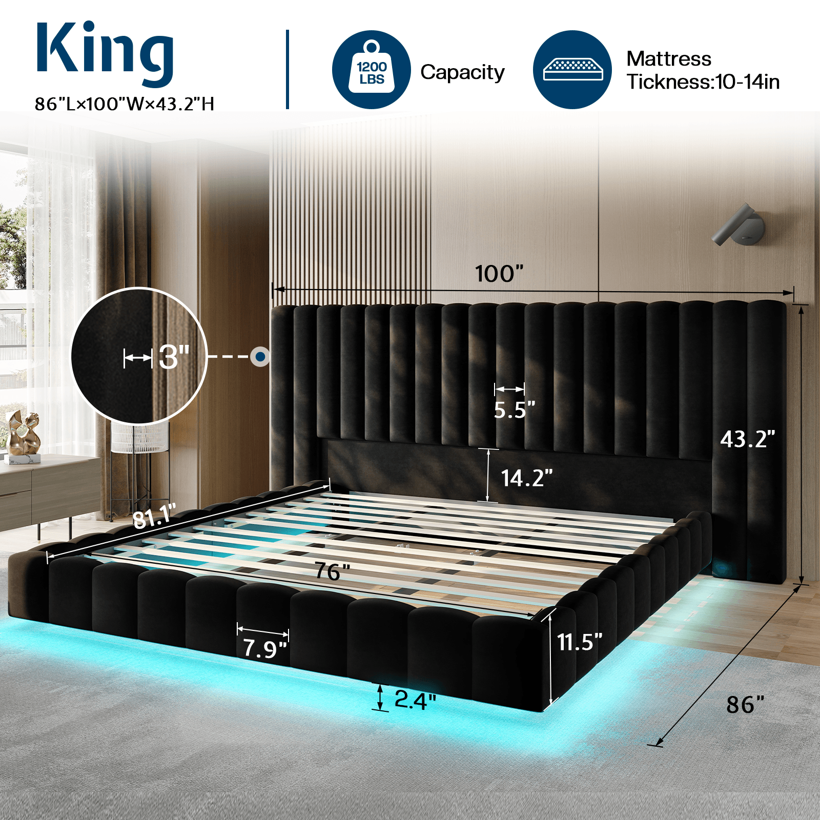 Drowse Floating LED Platform Bed Amerlife Black / King