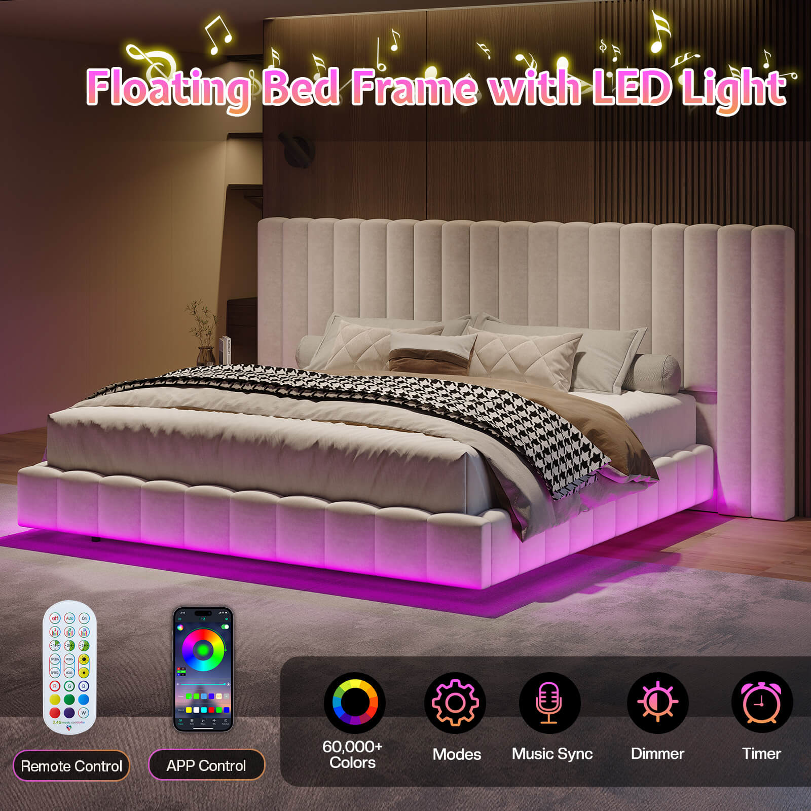 Drowse Floating LED Platform Bed Amerlife Cream / King